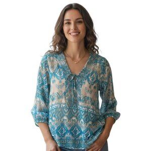 Raviya Layering Sheer Tunic. XL. Ikat pattern. Beaded V tie up front.‎ Vacation